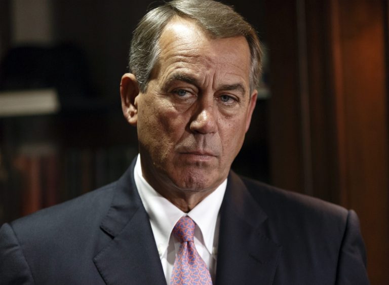 Speaker of the House John Boehner, R-Ohio, listens as he and GOP leaders meet reporters following a Republican strategy meeting on Capitol Hill in Washington Tuesday.