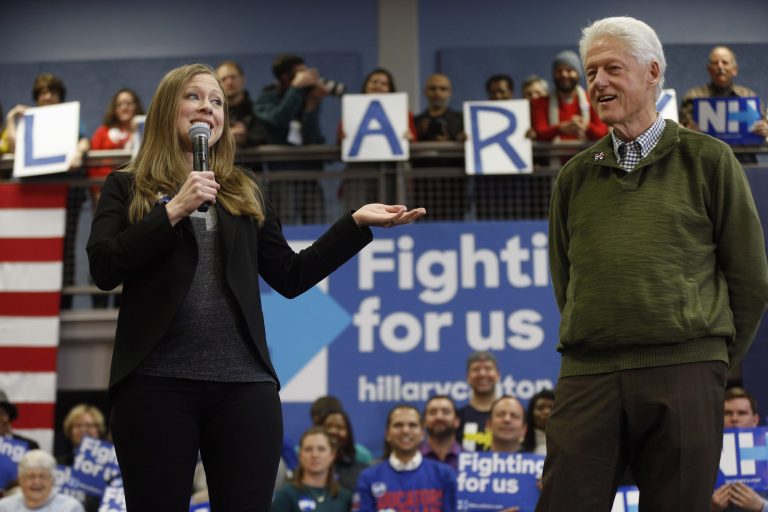 Clinton is campaigning with her family, husband and former President Bill Clinton and her daughter Chelsea. (AP Photo/Matt Rourke)