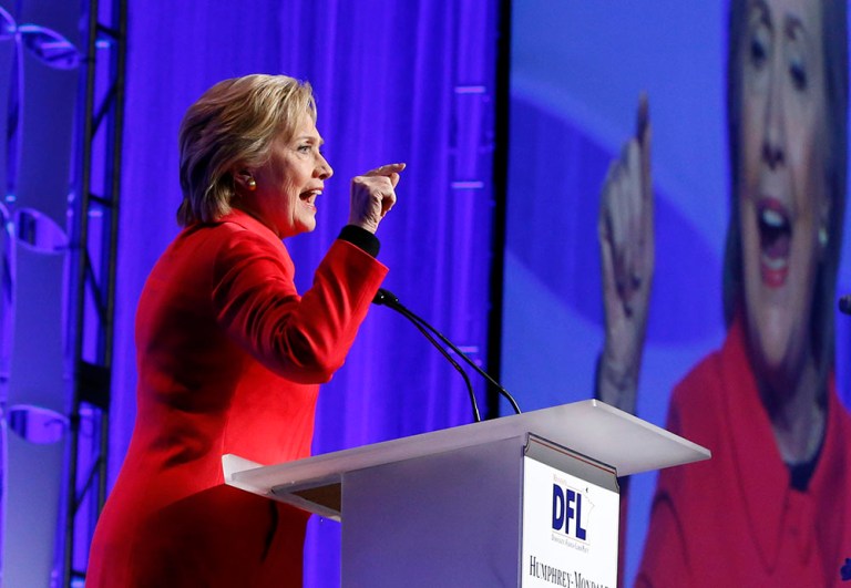 Democratic presidential candidate, Hillary Clinton speaks at the state's Democratic-Farmer-Labor (DFL) party's Humphrey-Mondale dinner, Friday, Feb. 12, 2016, in St. Paul, Minn (AP Photo/Jim Mone)