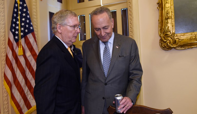 Senate Minority Leader Chuck Schumer jokingly jabbed Senate Majority Leader Mitch McConnell over his absence at the Senate gym. (AP Photo/Susan Walsh)