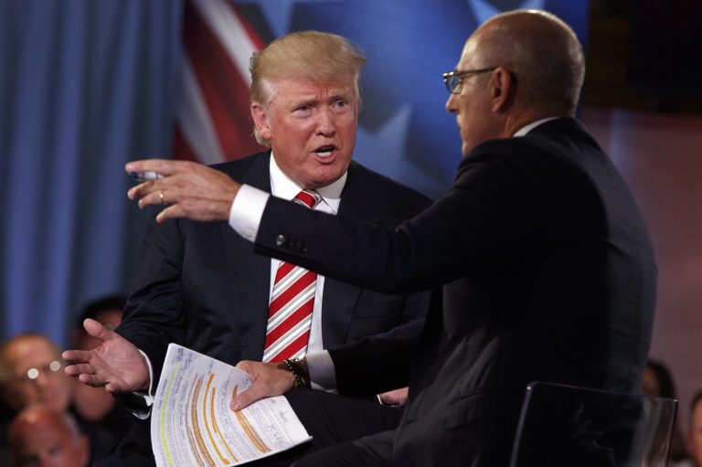 Republican presidential candidate Donald Trump speaks with 'Today' show co-anchor Matt Lauer at the NBC Commander-In-Chief Forum held at the Intrepid Sea, Air and Space museum aboard the decommissioned aircraft carrier Intrepid, New York, Wednesday, Sept. 7, 2016. (AP Photo/Evan Vucci)
