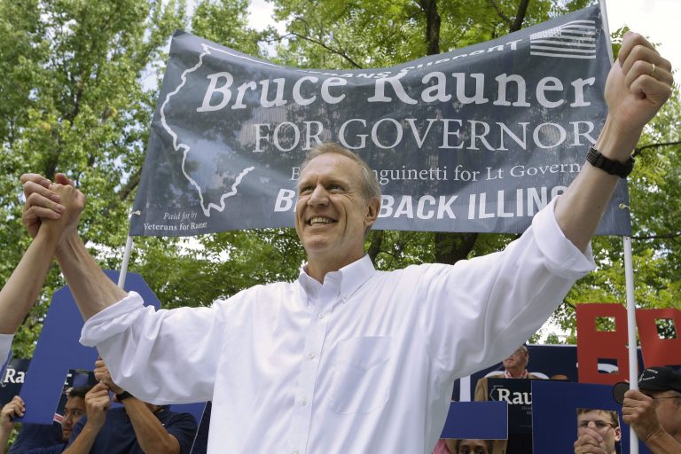 Illinois Republican gubernatorial candidate Bruce Rauner participates in a Republican Day rally at the Illinois State Fair on Thursday in Springfield, Ill. (AP Photo/Seth Perlman)