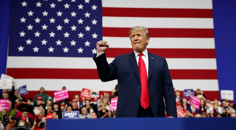 President Trump delivered a speech more than an hour long in Moon Township, Pa., in the evening Saturday, where he gave a last-minute push for GOP congressional candidate Rick Saccone, who is running in the special election for the 18th Congressional District. (AP Photo/Carolyn Kaster)