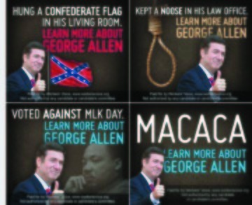 Montage of ads from labor-backed America's Voice against Virginia's George Allen.