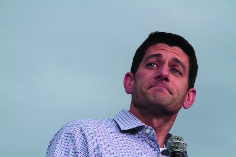 Republican vice presidential candidate Rep. Paul Ryan R-Wis., reacts to audience applause during a campaign event at the Waukesha county expo center, Sunday, Aug. 12, 2012 in Waukesha, Wis. (AP Photo/Mary Altaffer)
