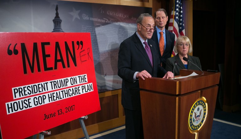 Senate Minority Leader Chuck Schumer, D-N.Y., and other Democratic leaders, including Sens. Patty Murray, D-Wash., and Ron Wyden, D-Ore., sent a letter to Republican leaders formally requesting that they use the delay, expected to last a week, to bring in experts and medical groups that represent hospitals, health insurance companies and doctors. (Graeme Jennings/Examiner)