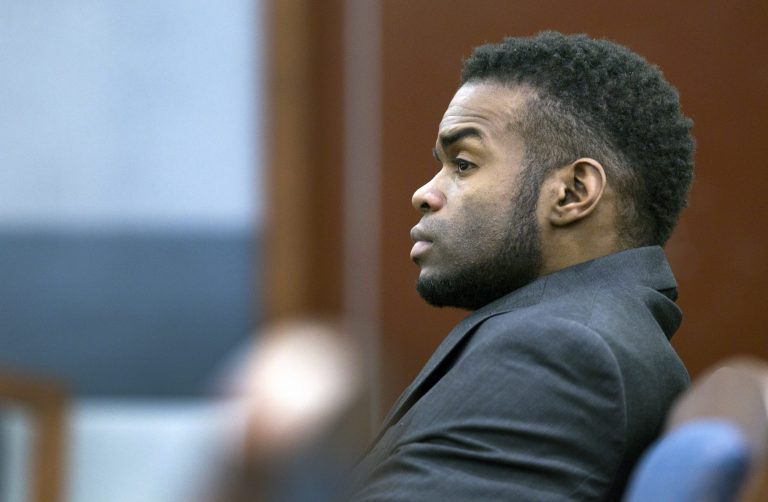 Jason Omar Griffith, the man accused of killing dancer Debora Flores Narvaez, appears in court during jury selection, at the Regional Justice Center in Las Vegas Monday, May 5, 2014. Lawyers and a Nevada judge began selecting a jury Monday to hear the murder case against Jason Omar Griffith, who is accused of strangling Deborah Flores Narvaez during a heated argument and dismembering her body.  (AP Photo/Las Vegas Sun, Steve Marcus)