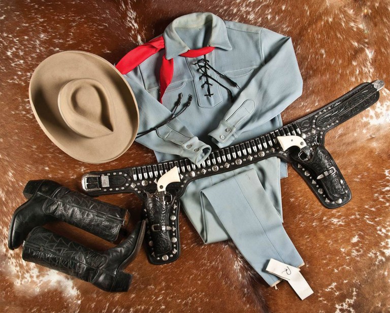 This photo provided by A & S Auction Company of Waco, Texas shows the outfit Lone Ranger actor Clayton Moore wore when he made appearances as the character after retiring from television. A & S Auction Co. will offer up the items for auction on Saturday, July 12, 2014. Moore, who died in 1999, played the masked lawman on the ABC television series 