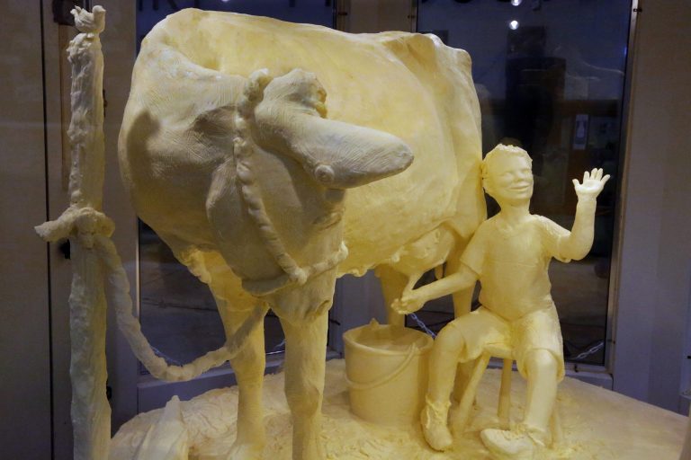 The 2014 Illinois State Fair butter cow is unveiled at the Illinois State Fairgrounds Thursday, Aug. 7, 2014, in Springfield, Ill. The sculpture depicts a cow being milked by a boy who is waving to a woman. The 500-pound bovine is made of unsalted butter. Built from scratch, it has been an unofficial mascot of the fair since the 1920s. Fair organizers have said they're not changing security procedures after vandals threw paint on a butter cow at the Iowa state fair last year. The Illinois State Fair begins Friday, Aug. 8 and runs through Sunday, Aug. 17. (AP Photo/Seth Perlman)