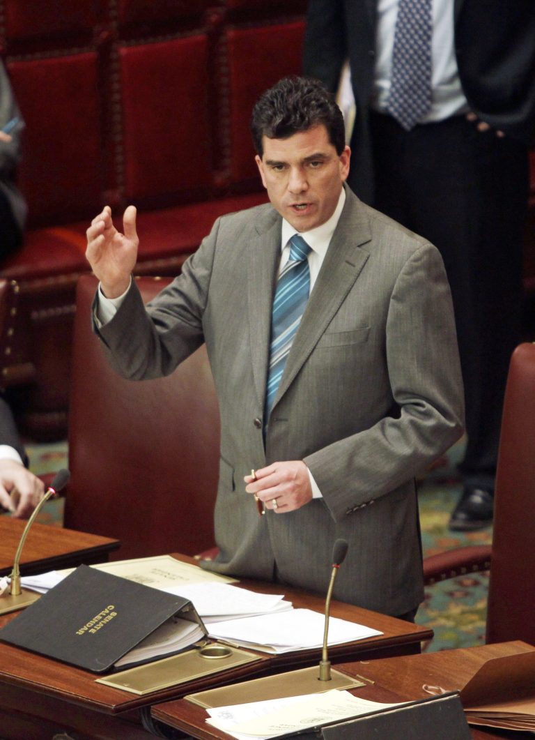 FILE - In this March 2, 2011 file photo, Sen. Mark Grisanti, R-Buffalo, speaks in the Senate Chamber at the Capitol in Albany, N.Y.  Grisanti said he's not sure whom he'll align with if re-elected and his goal is to keep projects and money heading to western New York. (AP Photo/Mike Groll, File)
