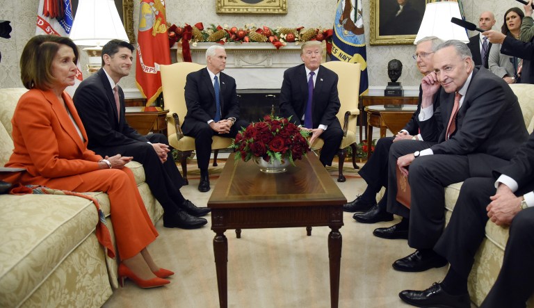 President Trump met with Republican and Democratic leaders in the Oval Office recently to negotiate on a long-term budget deal and immigration reform. Trump said the Democrats willing to shut down the government to get a Deferred Action for Childhood Arrivals program deal. (Olivier Douliery/Pool via Bloomberg)