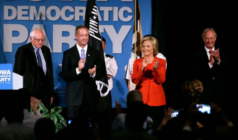 Currently, Clinton has 55. percent of the Democratic vote,, Sanders has 19.7 percent and O'Malley has 1.4 percent, according to a RealClearPolitics averages. (AP Photo)Â 