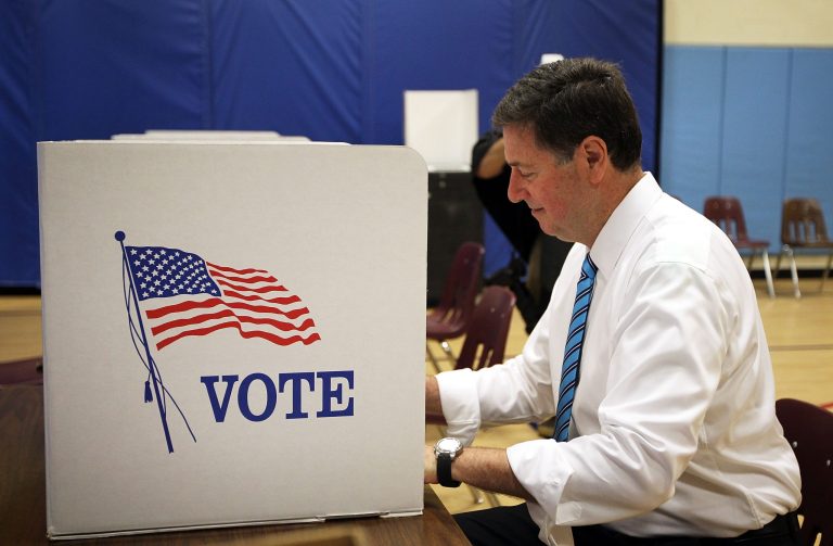 U.S. Senate candidate George Allen casts his vote on the day of Republican Virginia State Primary on June 12, 2012, at Washington Mill Elementary School in Alexandria. (Getty Images)