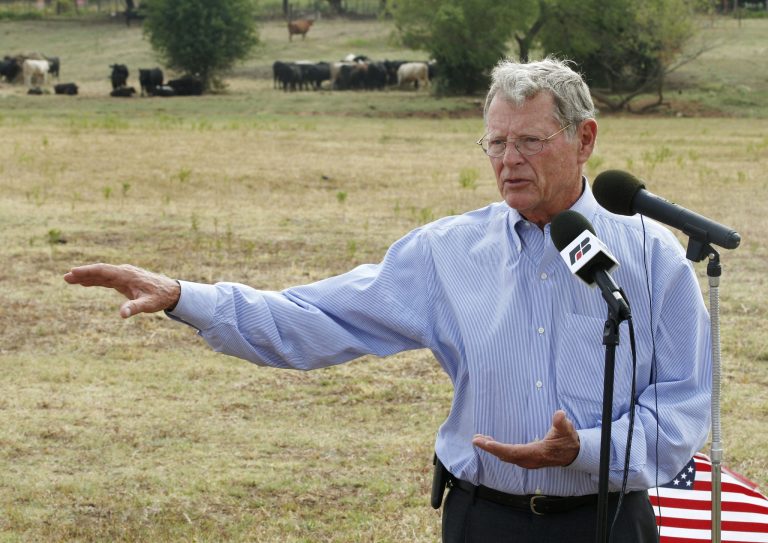   FILE - In this Aug. 23, 2012, file photo, Sen. James Inhofe, R-Okla., speaks against the expansion of the Clean Water Act to authority over wet areas on private land in a pasture owned by Gary Johnson in Waukomis, Okla. While the looming fiscal cliff dominates political conversation in Washington, some Republicans and business groups see signs of a 