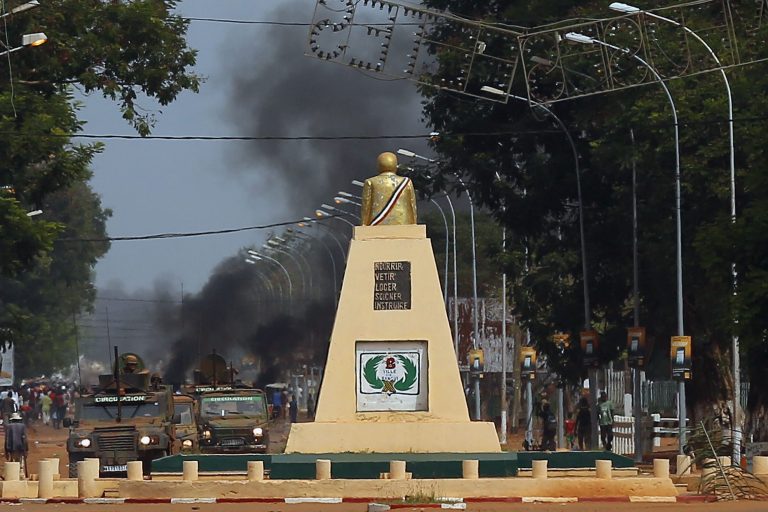French Sangaris forces patrol the streets as angry youth set up barricades throughout the town Thursday May 29, 2014 in Bangui, Central African Republic.  Thousands took to the streets following Wednesday's attack by Muslim militias on a Christian church that left at least five dead and scores wounded. (AP Photo/Jerome Delay)  FRANCE OUT