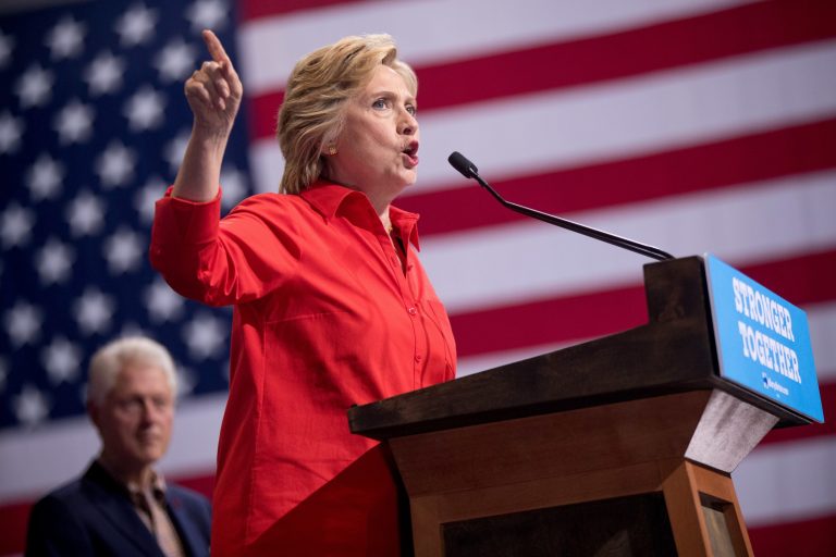 Hillary Clinton's lead in Pennsylvania sits at 9 points when third-party candidates are factored in. In a four-way matchup, Clinton's 46 percent leads Trump, who remains stagnant with 37 percent. (AP Photo)