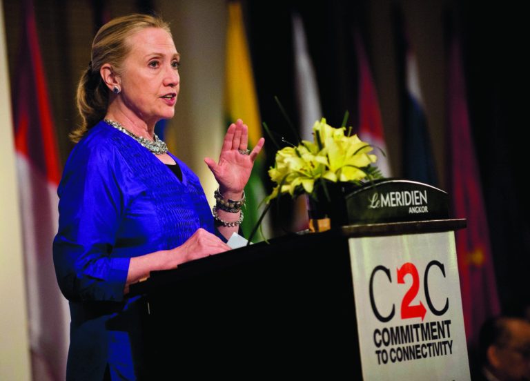 US Secretary of State Hillary Rodham Clinton speaks during the US-ASEAN business forum and dinner in Siem Reap, Cambodia, Friday, July 13, 2012. Clinton met Myanmar President Thein Sein on Friday for landmark discussions days after Washington eased its sanctions on the once-pariah state. (AP Photo/Brendan Smialowski/Pool)
