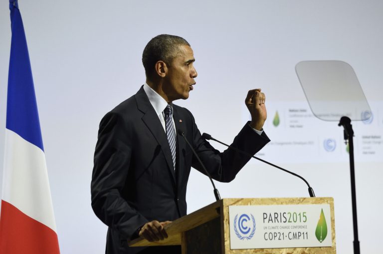 President Obama delivers a speech at the Paris climate talks. (Eric Feferberg/Pool Photo via AP)