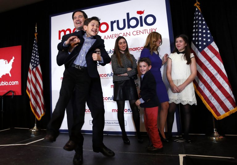 Part of the reason that Rubio appeared to be the clear winner Monday evening, said one journalist, is that the Florida senator wasted no time addressing supporters and media with a boisterous, barnburner of a victory speech after the results came in. (AP Photo/Paul Sancya)