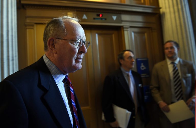 Sen. Lamar Alexander, R-Tenn., speaks with reporters as he walks to a luncheon with other Senate Republicans on Capitol Hill in Washington, Friday, May 22, 2015. (AP Photo/Susan Walsh)