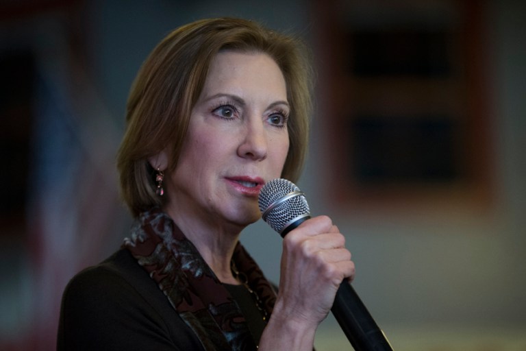 Fiorina upped the ante by daring the Manhattan billionaire to take her on one-on-one at the Thursday night rally he announced in place of his attending the seventh GOP debate, hosted by Fox News. (AP photo/Evan Vucci)