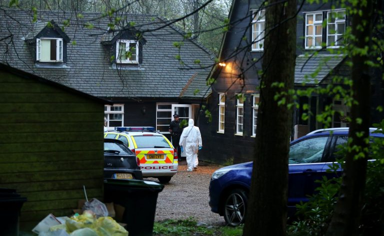 Police officers attend the home of Peaches Geldof in Wrotham, Kent, Monday, April 7, 2014. Peaches Geldof, the wild-child second daughter of concert organizer Bob Geldof who worked as a model, a television presenter and a fashion writer and filled the pages of British tabloids with her late-night antics, has died at age 25. There was no immediate word on the cause of her death at her home in Wrotham, Kent, southeast England. Her father said in a statement Monday: 