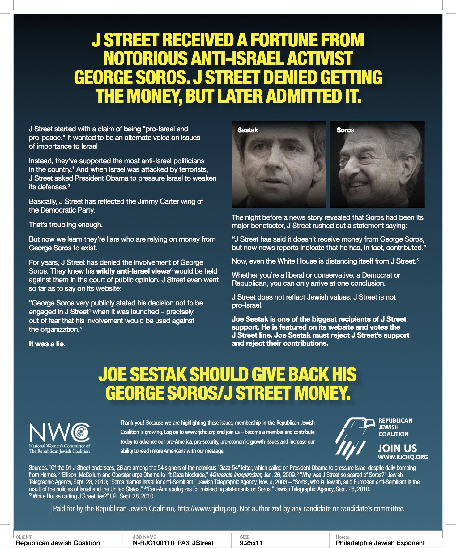 RJC Ad Connects Soros and Sestak
