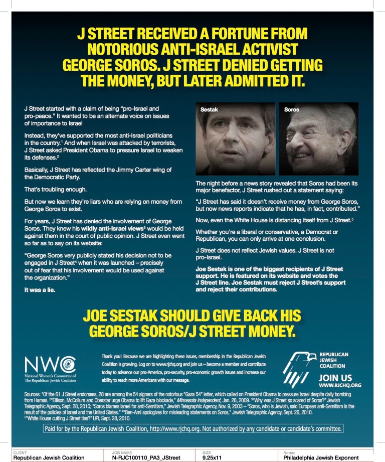 RJC Ad Connects Soros and Sestak