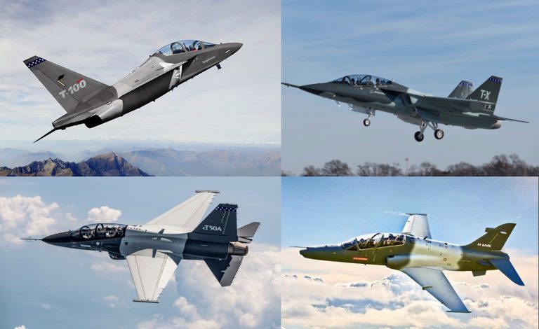 The Air Force released its final request for proposal for a two-seat T-X trainer jet that will replace the service’s aging fleet of Northrop Grumman T-38s. There are at least four industry teams hoping to bid for the contract: (L to R) Raytheon, Boeing and Saab, Northrop Grumman and BAE Systems, and Lockheed Martin and Korea Aerospace Industries.