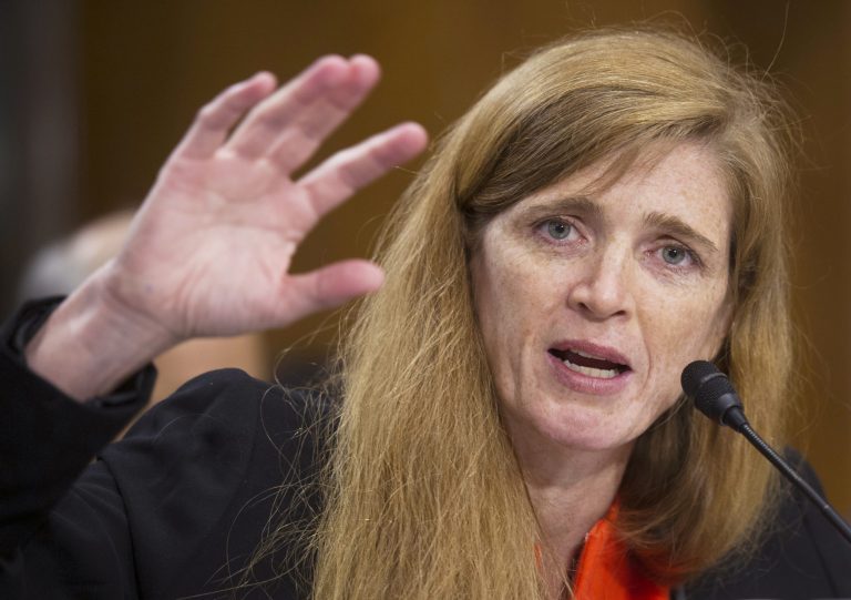   FILE - In this July 17, 2013 file photo U.S. Ambassador to the U.N. nominee Samantha Power testifies on Capitol Hill in Washington. The Senate easily confirmed President Barack Obama's selection for ambassador to the United Nations on Thursday, Aug. 1, 2013, capping a month in which senators used a bipartisan truce on once-mired nominations to fill a cluster of vacancies in the president's second-term administration. Senators approved Samantha Power for the post by 87-10. (AP Photo/Cliff Owen, File)  