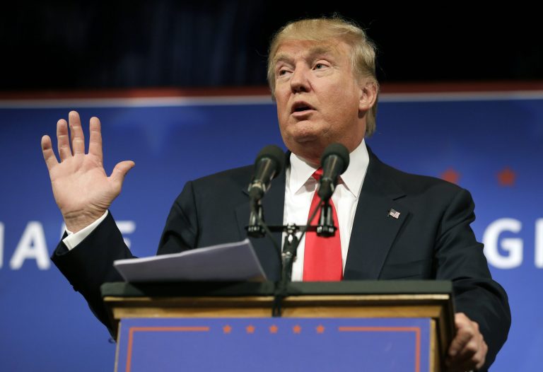 Republican presidential candidate Donald Trump speaks to supporters during a rally. A petition asking NBC to cut ties with Trump because of recent remarks he made on immigration, has collected more than 200,000 signatures. (AP Photo/Charlie Neibergall, File)