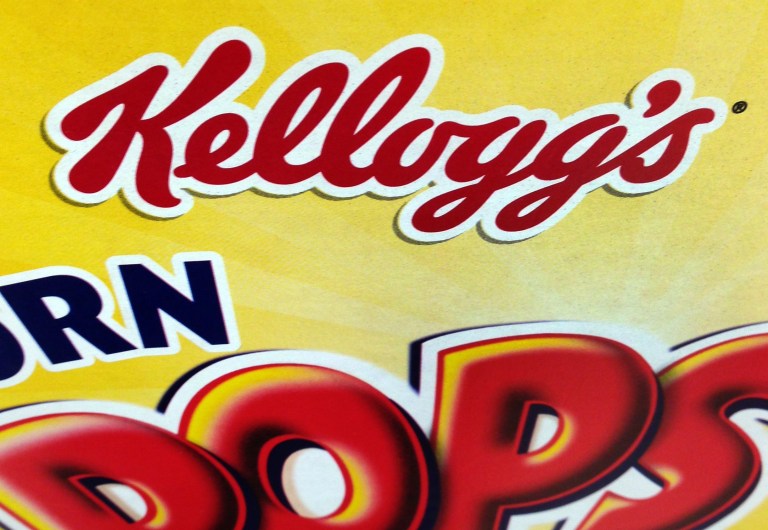 This Jan. 31, 2014 photo shows a box of Kellogg's cereal on display on a supermarket shelf in Middleton, Mass. Kellogg reports quarterly earnings on Thursday, May 1, 2014. (AP Photo/Elise Amendola)