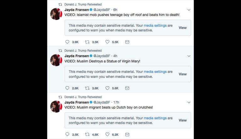 President Trump retweeted three videos early Wednesday morning from the account of Jayda Fransen, the deputy leader of the far-right fringe group Britain First. The origins of the videos in the tweets could not immediately be determined. They purport to show violence being committed by Muslims. (Twitter via AP)