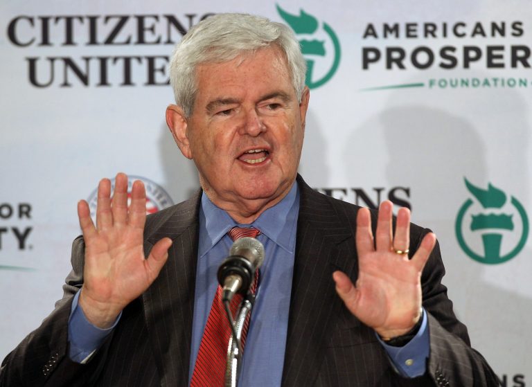 Former House Speaker and Republican presidential candidate Newt Gingrich speaks at the GOP Freedom Summit on Saturday in Manchester, N.H. (AP Photo/Jim Cole)