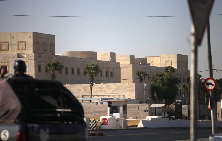   A Jordanian military vehicle drives around the U.S. embassy in Amman, Jordan, Tuesday, Aug. 6, 2013, one of 19 American diplomatic posts across the Middle East and Africa ordered closed following terror threats. Far from being on the brink of breakdown, al-Qaidaâs core leadership remains a potent threat _ and one that experts say has encouraged the terror networkâs spread into more countries today than it was immediately after 9/11. (AP Photo/Mohammad Hannon)  