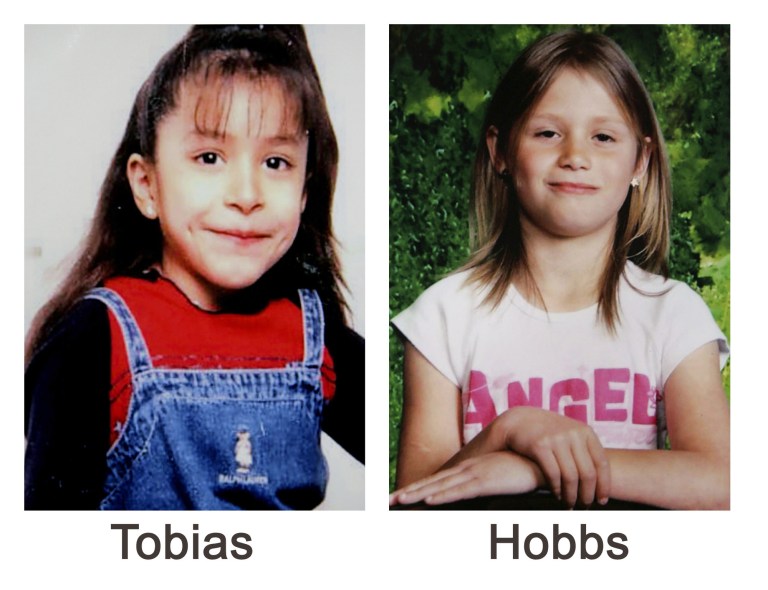 FILE - These undated family photos provided by the Zion, Ill., Police department show Krystal Tobias, 9, and Laura Hobbs, 8. Prosecutors seeking the death penalty against an ex-Marine began making their case to a federal jury Monday, saying he killed a fellow service member as part of a series of violent attacks against young women. Jorge Torrez, 25, is charged with premeditated murder in U.S. District Court in Alexandria, and could face the death penalty if convicted in the July 2009 death of Amanda Snell. DNA also linked Torrez to the 2005 killings of Hobbs and Tobias in Illinois, Torrez's home state. Laura's father, Jerry Hobbs, was originally charged in that case and spent five years in custody until the DNA evidence pointed to Torrez. Hobbs said he was coerced into a false confession. Illinois prosecutors are still waiting to put Torrez on trial.  (AP Photo/Family photo via the Zion Police Department)