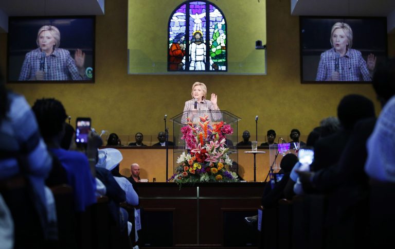 Democratic presidential candidate Hillary Clinton speaks at the Greater St. Paul Church, Sunday, June 5, 2016, in Oakland, Calif. (AP Photo/John Locher)