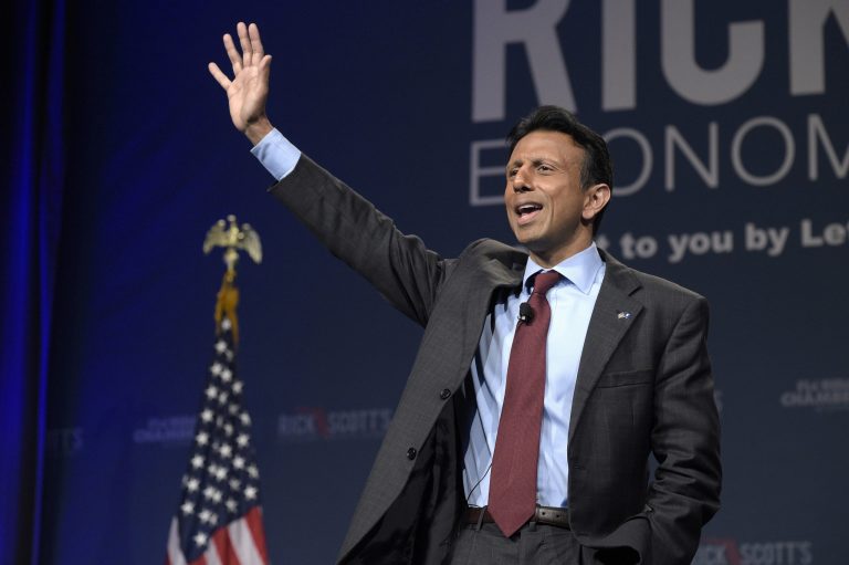 Louisiana Gov. Bobby Jindal waves while speaking during Rick Scott's Economic Growth Summit in Lake Buena Vista, Fla., Tuesday, June 2, 2015. (AP Photo/Phelan M. Ebenhack)