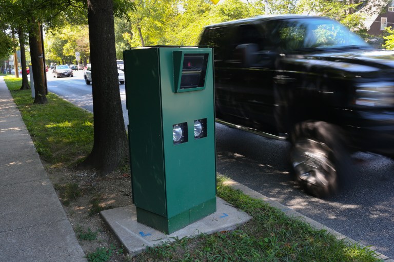 Speed cameras have been painted green on Connecticut Avenue NW near Chevy Chase. (Graeme Jennings/Examiner photo)