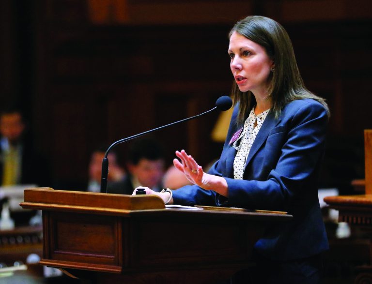 Rep. Stacey Evans, D-Smyrna, speaks in opposition to HB 37 during a legislative session of the Georgia General Assembly on Feb. 22 in Atlanta. Under HB 37, private colleges and universities in Georgia lose state funding if they declare themselves 