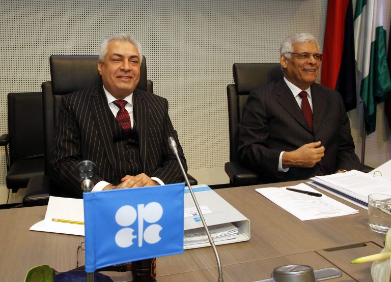   Iraq's Minister of oil and President of the Conference Abdul-Kareem Luaibi Bahedh. left. and the Secretary General of OPEC Abdalla Salem El-Badri of Libya, speak to journalists prior to the start of the meeting of the Organization of the Petroleum Exporting Countries, OPEC, at their headquarters in Vienna, Austria, Wednesday, Dec. 12, 2012 . (AP Photo/Ronald Zak)  