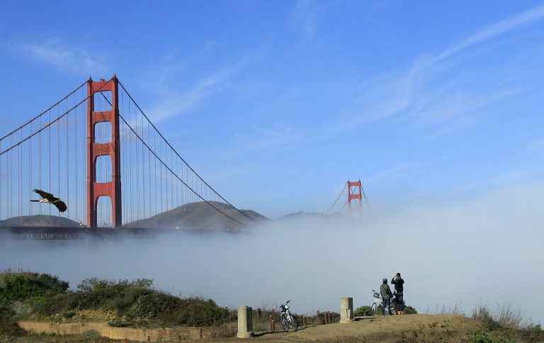 Fog rolls past the Golden Gate Bridge in San Francisco. (AP/Jeff Chiu)