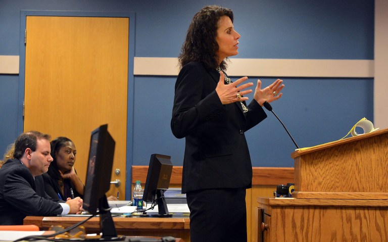 Attorney Kim Webb argues a motion for her client, Stacey Kalberman, as Judge Ural Glanville presides over Kalberman's lawsuit in Fulton County Superior Court on March 31 in Atlanta. The former ethics commission secretary sued her former employer in 2011 and claims she was forced from office for investigating Gov. Nathan Deal's 2010 campaign. (AP Photo/Atlanta Journal-Constitution, Kent D. Johnson) 