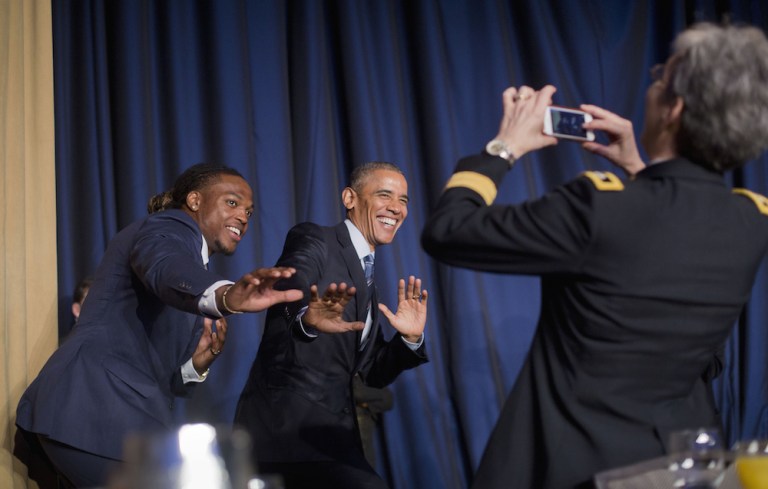 The president showed off his athletic side while at the annual prayer event. (AP Photo/Pablo Martinez Monsivais)