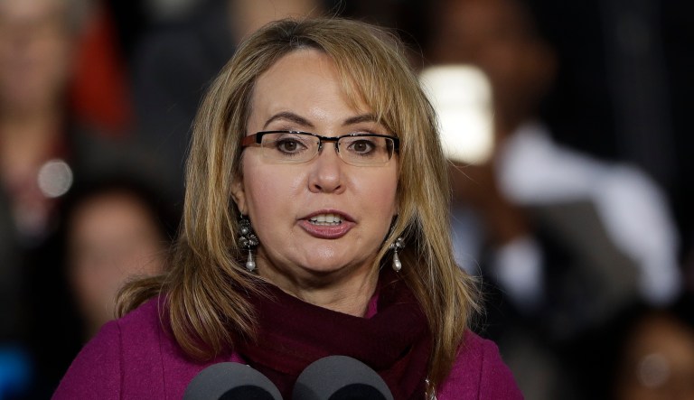 Former Arizona Rep. Gabby Giffords said her heart is with her former colleagues and others after the shooting during the Republicans' congressional baseball practice Wednesday morning. (AP Photo/Matt Rourke)