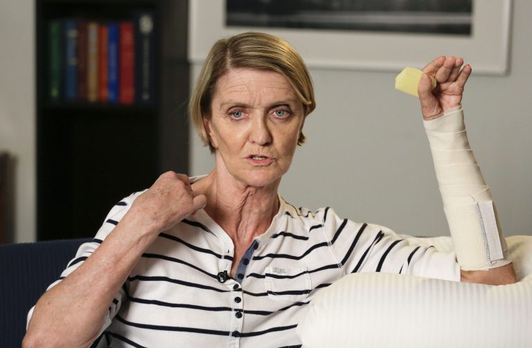 In this Oct. 9, 2014 photo, Associated Press reporter Kathy Gannon answers questions during an interview in New York. This was Gannon's first interview since she and AP photographer Anja Niedringhaus were attacked on April 4, by a gunman in Khost Province in eastern Afghanistan as they prepared to cover the presidential election the next day. Niedringhaus was killed in the attack and Gannon is recovering from multiple gunshot wounds. (AP Photo/Julie Jacobson)