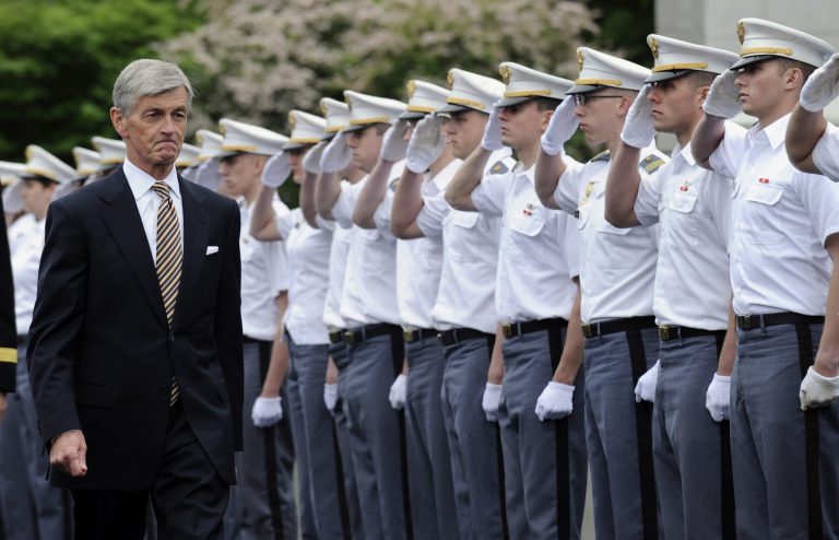 Army Secretary John McHugh arrives for the commencement ceremony for the Class of 2014 U.S. Military Academy at West Point, in West Point, N.Y., Wednesday, May 28, 2014. (AP Photo/Susan Walsh)