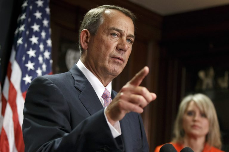 Speaker of the House John Boehner, R-Ohio, joined at right by Rep. Renee Ellmers, R-N.C., talks to reporters following a Republican strategy meeting on Capitol Hill in Washington, Tuesday, April 29, 2014. Boehner said he was just teasing when he recently ridiculed fellow House Republicans on their reluctance to act on immigration legislation. (AP Photo)