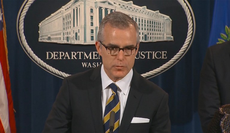 Andrew McCabe was, by law, named acting FBI director and sworn in Tuesday evening. 
