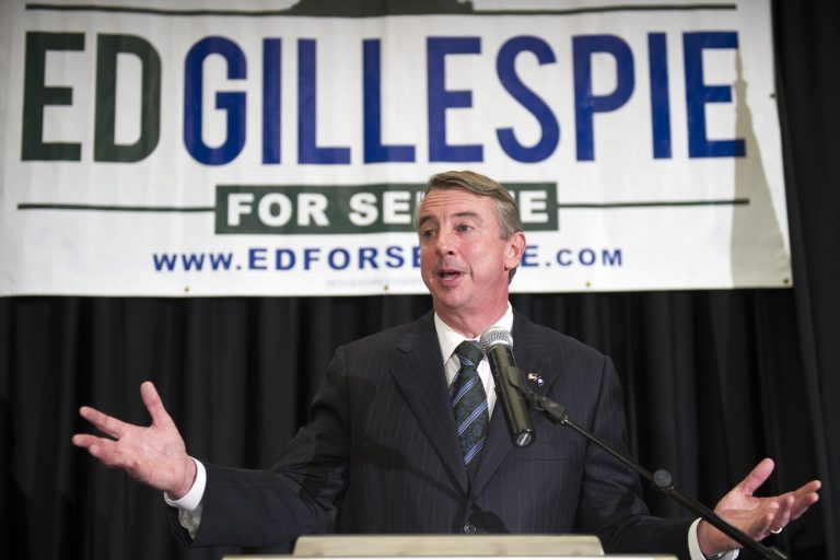 Virginia Republican Senate candidate Ed Gillespie tells his supporters that the race is too close to call at his election night party in Springfield, Va., Wednesday. (AP/Cliff Owen)